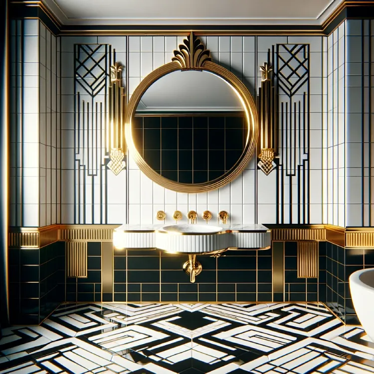 An Art Deco-inspired bathroom with black and white tiles, gold trim, and a rounded mirror. The bathroom captures the essence of the Art Deco style with its bold geometric patterns and luxurious finishes. The floor and walls are covered in elegant black and white tiles that create striking contrasts, complemented by gold trim around the fixtures and mirror. The rounded mirror adds a touch of glamour, enhancing the sophisticated and glamorous atmosphere.