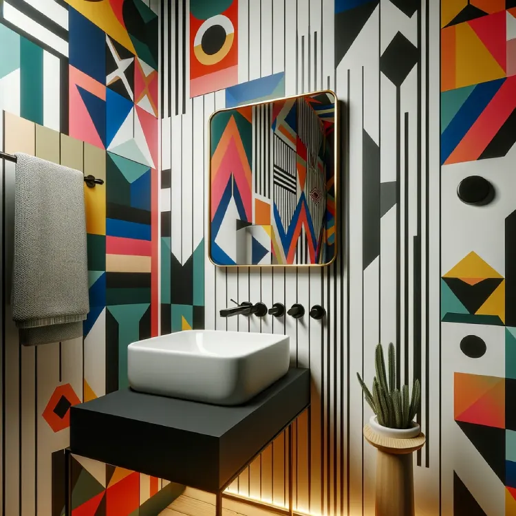 A small bathroom with vibrant, geometric-patterned wallpaper and modern fixtures. The wallpaper features bold, colorful geometric shapes that add a dynamic and artistic feel to the space. The fixtures are sleek and modern, including a stylish sink and a minimalist mirror, which complement the boldness of the wallpaper without overwhelming the small space.