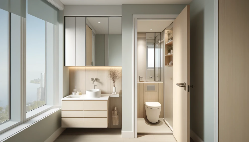 A modern, airy small bathroom renovation in a Vancouver condo. The image features light colors with soft whites and pastels, a large mirror reflecting natural light, and space-saving fixtures like a wall-hung toilet and corner sink. There's a sliding door partially open, showing a glimpse of a tastefully designed space. Include elements like floating vanities and built-in storage niches. This bathroom exemplifies smart, space-maximizing design suitable for condo living.