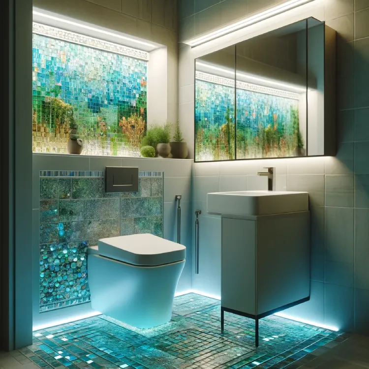 An eco-friendly bathroom featuring LED lighting, a low-flow toilet, and recycled glass tiles. The design prioritizes sustainability without sacrificing style. The LED lighting provides efficient, cost-effective illumination. The low-flow toilet is modern and sleek, designed to conserve water. The walls are adorned with recycled glass tiles in shades of blue and green, creating a vibrant and environmentally conscious aesthetic.