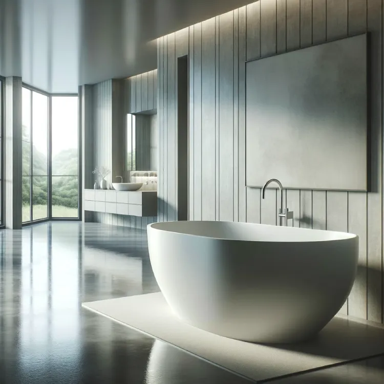 A spacious bathroom with a sleek, modern freestanding bathtub. The bathtub is elegantly designed, oval-shaped, and positioned centrally in a large, airy room with ample natural light. The floors are of polished concrete, and the walls are adorned with subtle, tasteful art. Large windows provide a view of the outdoors, enhancing the serene, spa-like atmosphere of the space.