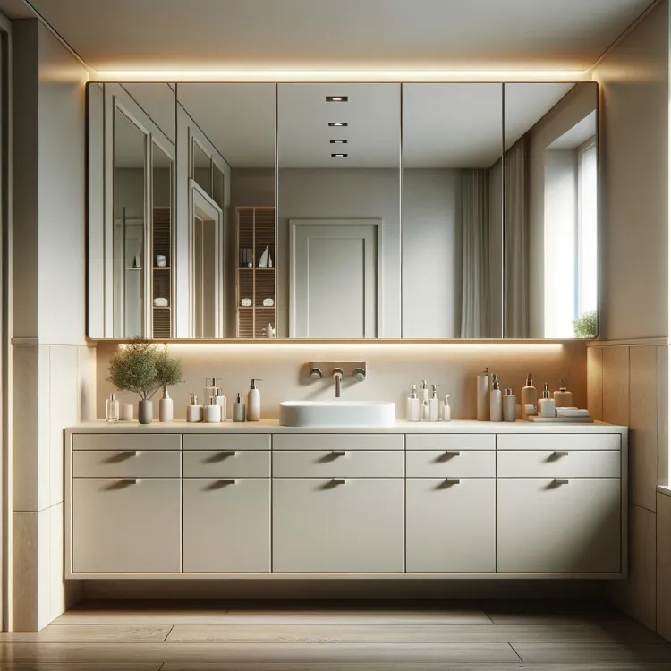 A bathroom with under-sink cabinets and a large, mirrored medicine cabinet. The design optimizes storage while maintaining a clean and uncluttered look. The under-sink cabinets are built into a sleek, modern vanity that matches the overall decor, and the large mirrored medicine cabinet above the sink multiplies the sense of space while offering ample storage. The color scheme is neutral, creating a calm and inviting environment.