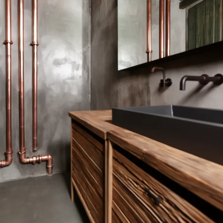 An industrial-style bathroom with exposed copper pipes and rustic wood vanities. The bathroom combines raw, unfinished elements with a stylish edge. Exposed copper pipes run along the walls, complementing the dark, rustic wood vanities. The overall aesthetic is rugged yet refined, with a concrete floor and minimalistic decor, creating a strong, industrial vibe.