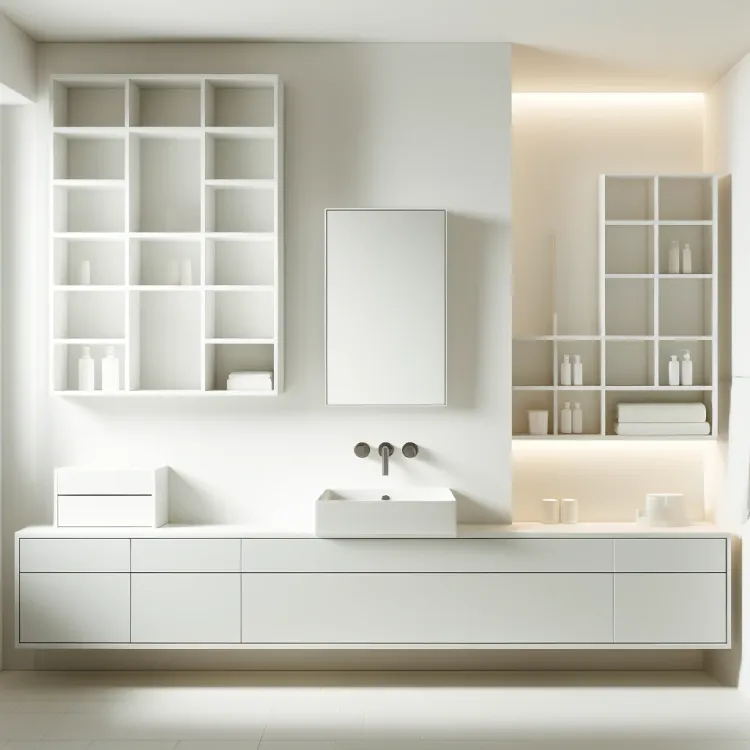 A chic, minimalist bathroom with a white color scheme, wall-mounted vanity, and recessed shelves. The bathroom features clean lines and a clutter-free environment, emphasizing functional simplicity. The walls are bright white, complemented by a sleek, wall-mounted vanity. Recessed shelves provide organized storage without intruding into the space, maintaining a streamlined look.