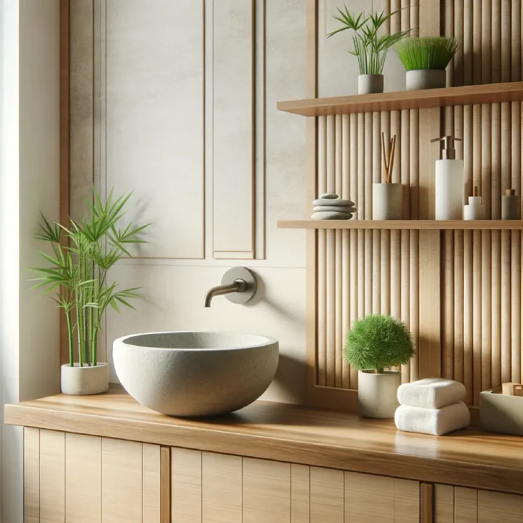 A modern bathroom featuring a stone vessel sink, wooden shelves, and small bamboo plants. The bathroom has a clean, natural design with light colors and minimal decor, emphasizing a serene and organic feel. The stone sink is smooth and round, placed on a sleek wooden counter. Small potted bamboo plants add a touch of greenery, enhancing the natural aesthetic.